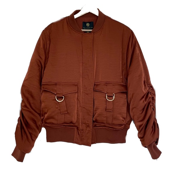 House Of Harlow 1960 Satin Bomber Jacket Women’s Medium Metallic Brown Ruched - Picture 1 of 16